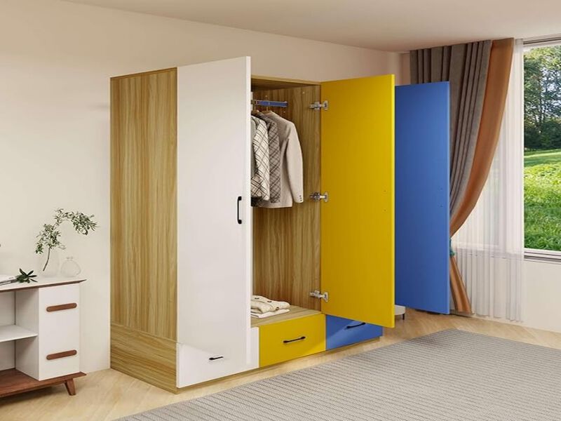 Tall Armoire Wardrobe Closet, Bedroom Armoires with Hanging Rod,3 Color Doors and 3 Storage Cabinets, Wardrobe Closet with 3 Drawers for Bedroom