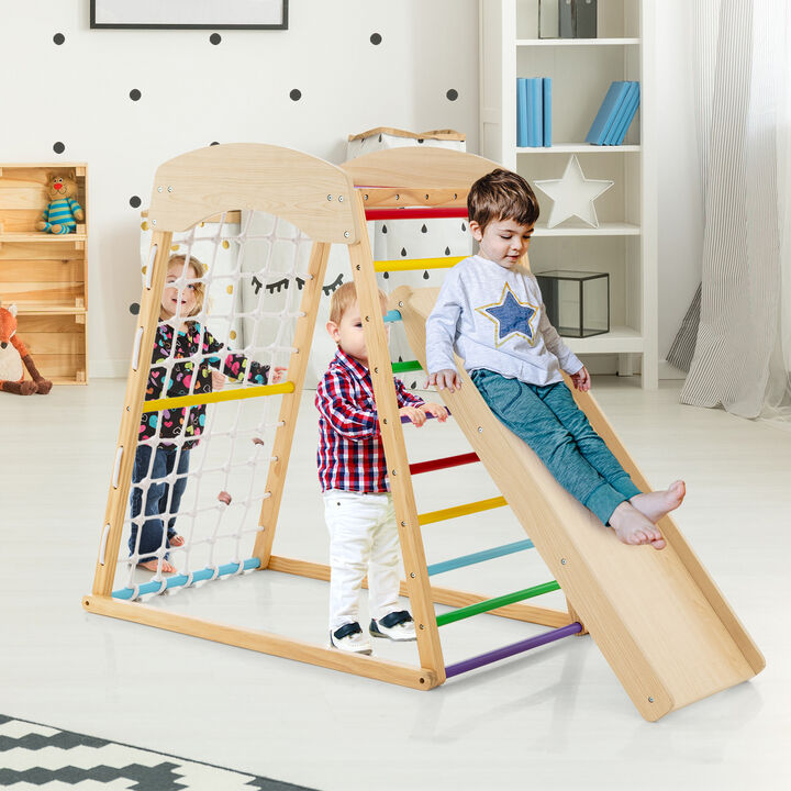 6-in-1 Jungle Gym Wooden Indoor Playground with Double-Sided Ramp and Monkey Bars