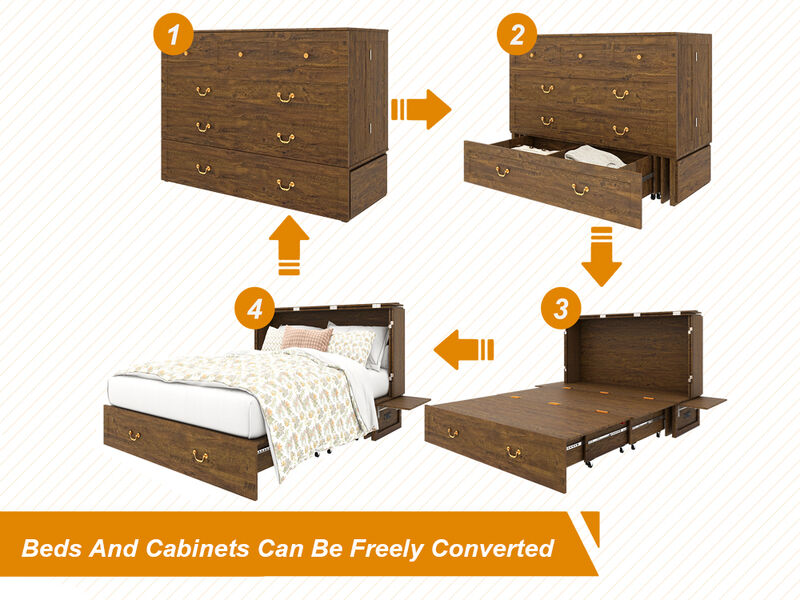 Murphy Bed Cabinet, Murphy Bed Queen with USB and Charging Ports, Murphy Bed Cabinet with Drawer,Reddish-Brown Cabinet Bed