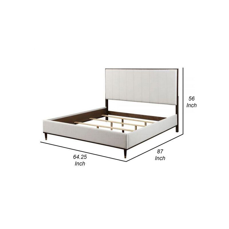Aren Queen Bed, Light Gray Fabric Upholstery, Crisp White and Smooth Brown - Benzara