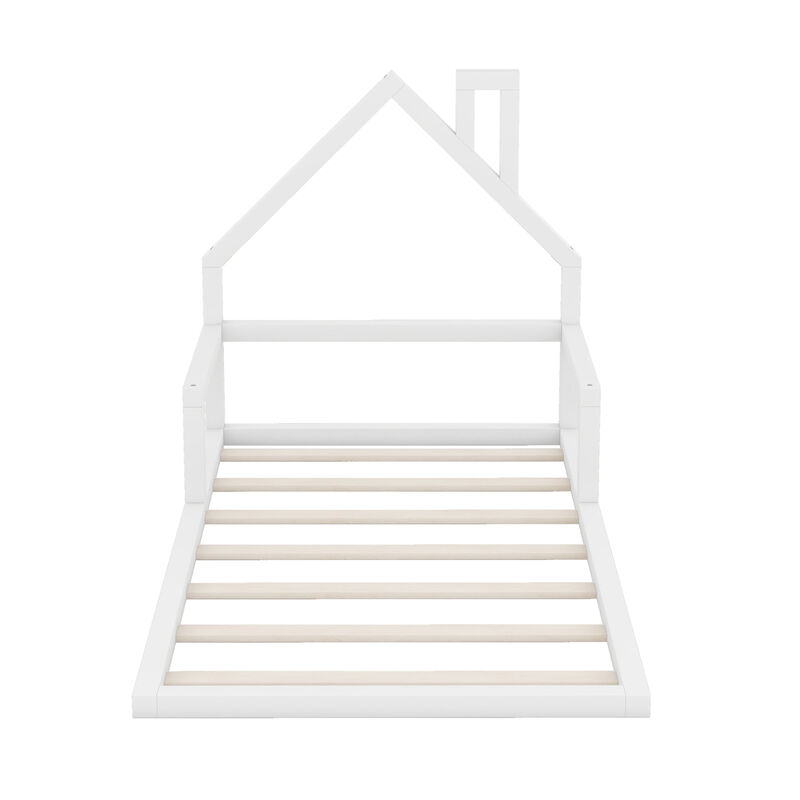 Twin Size Wood Floor Bed With House-Shaped Headboard