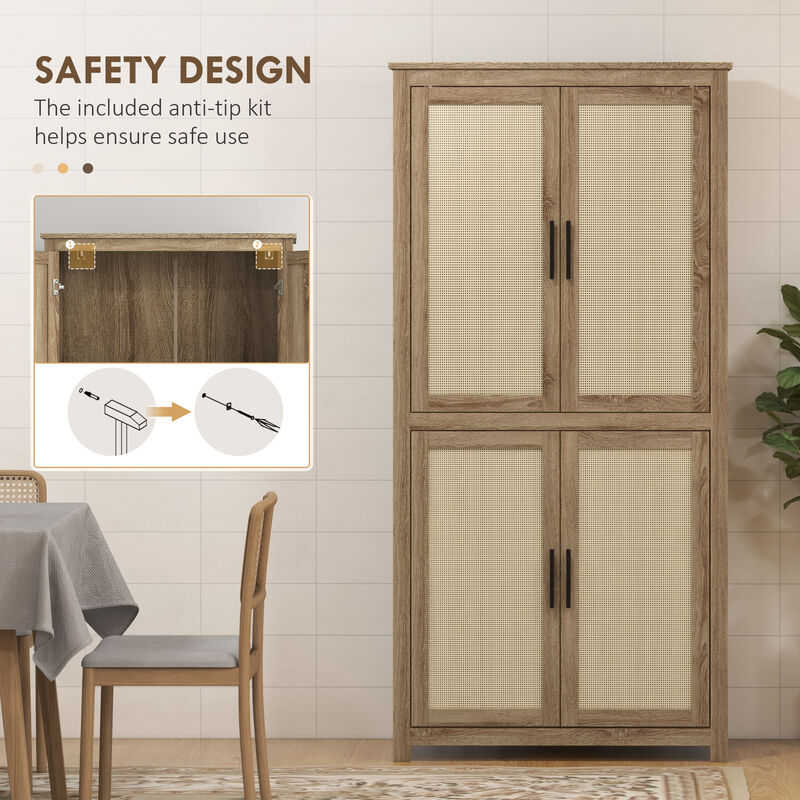 64" Rattan Kitchen Storage Cabinet with Adjustable Shelf Natural