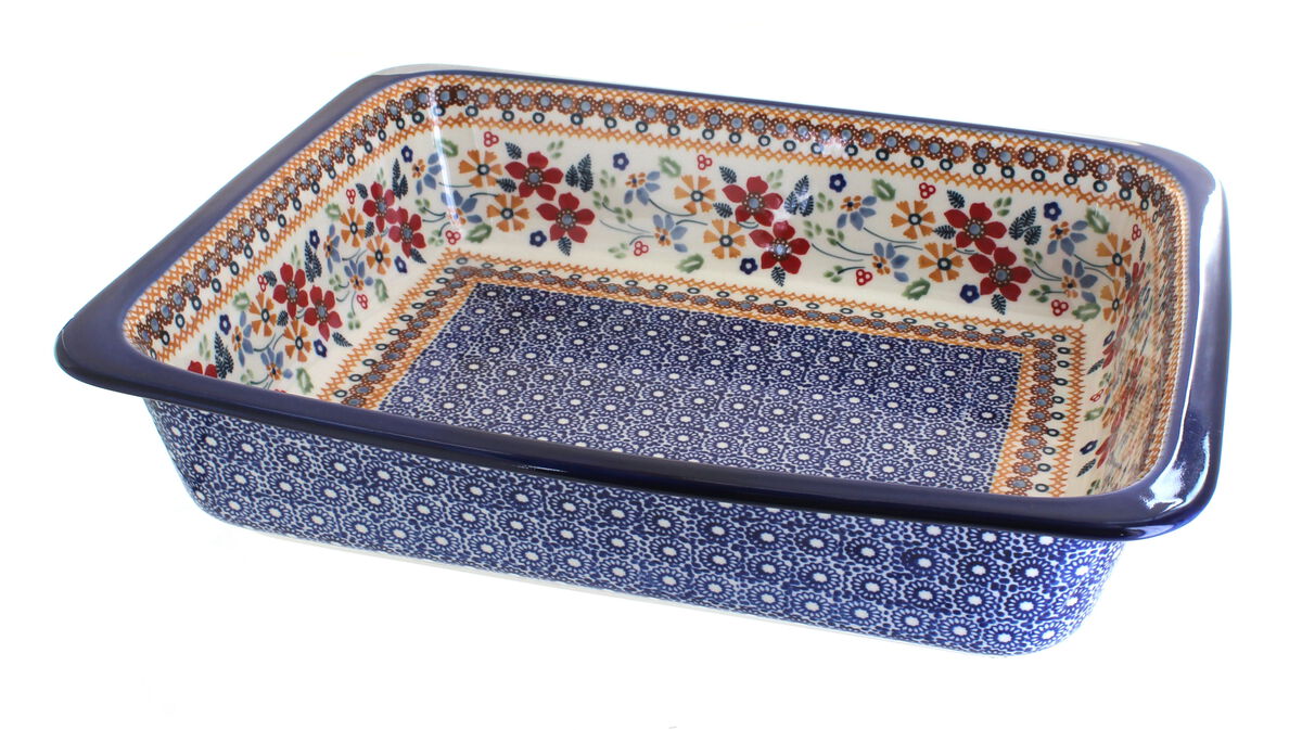 Blue Rose Polish Pottery Small Dots Large Rectangular Baker