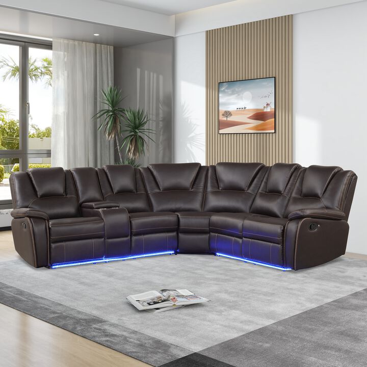 Modern Faux Leather Manual Reclining with Center Console and LED Light Strip