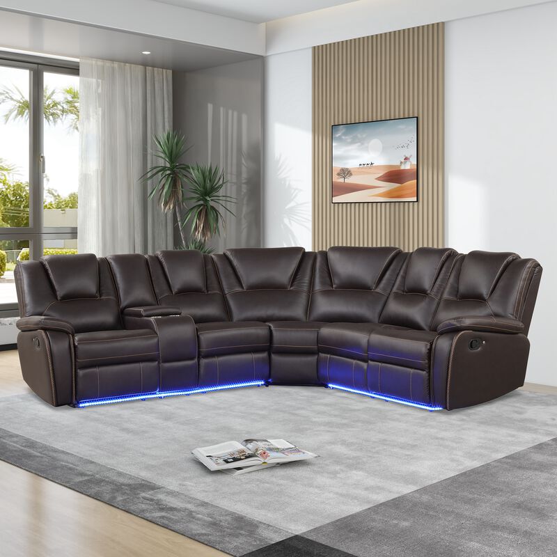 Modern Faux Leather Manual Reclining with Center Console and LED Light Strip