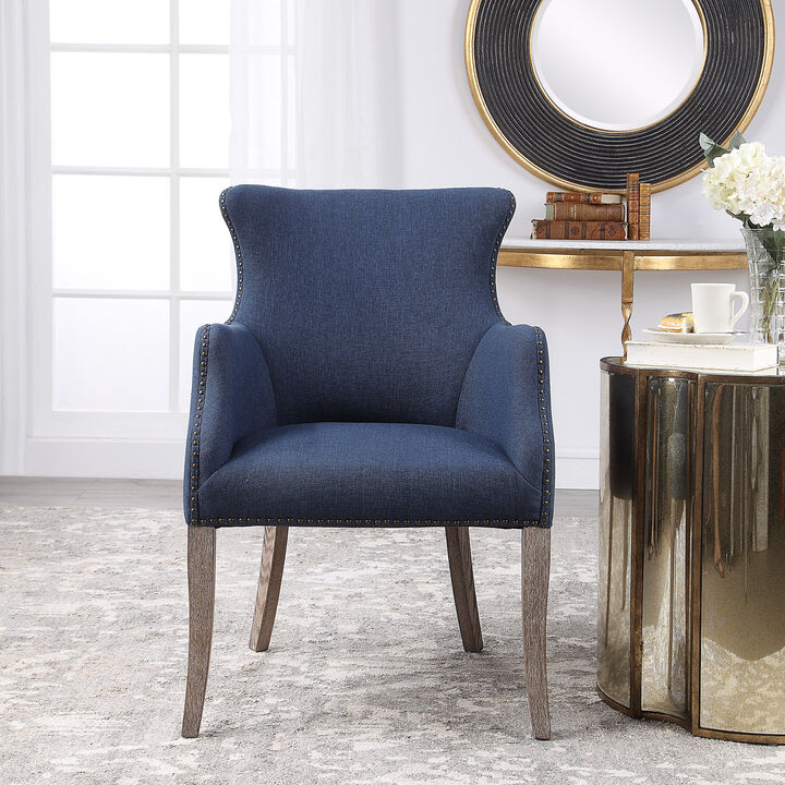 Denim blue linen blend fabric wing chair