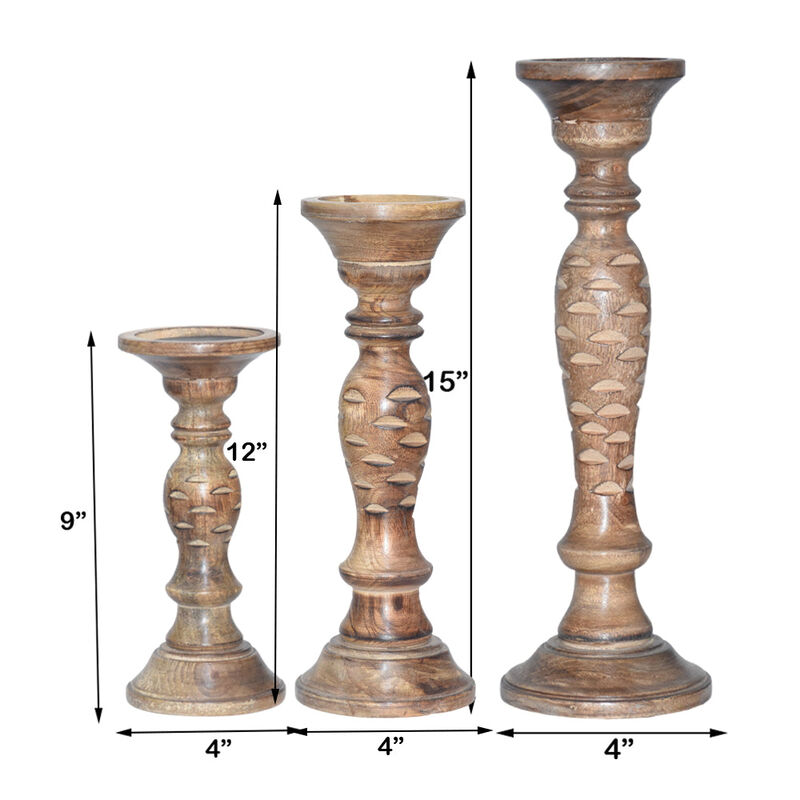 Traditional Medium Burnt Eco-friendly Handmade Mango Wood Set Of Three 9",12" & 15" Pillar Candle Holder