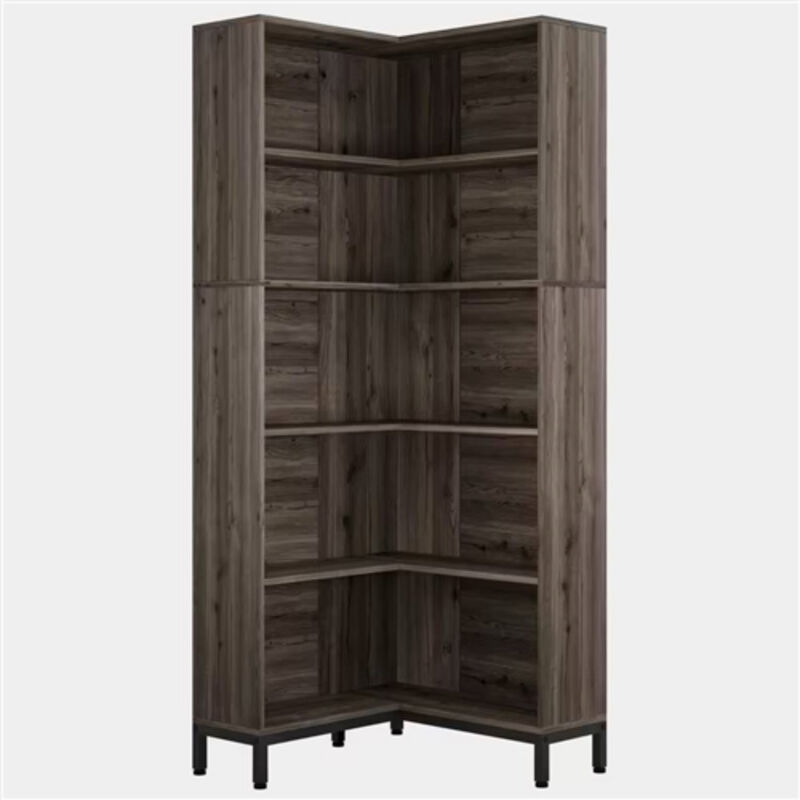 High Corner Bookcase in Wood Finish for Space-Saving Storage For Living Room