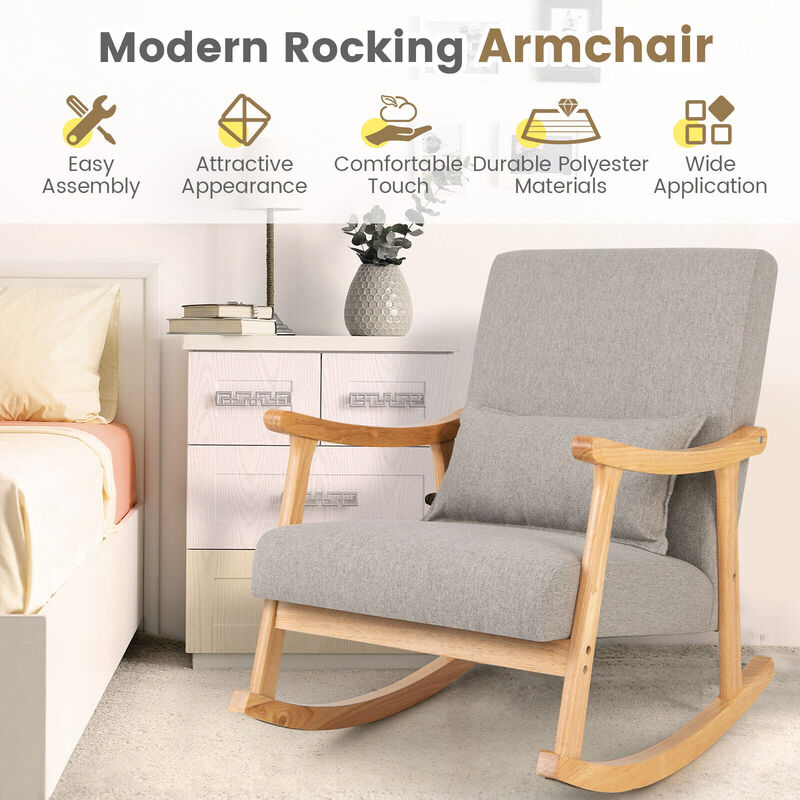 Upholstered Rocking Chair with Pillow and Rubber Wood Frame-Grey