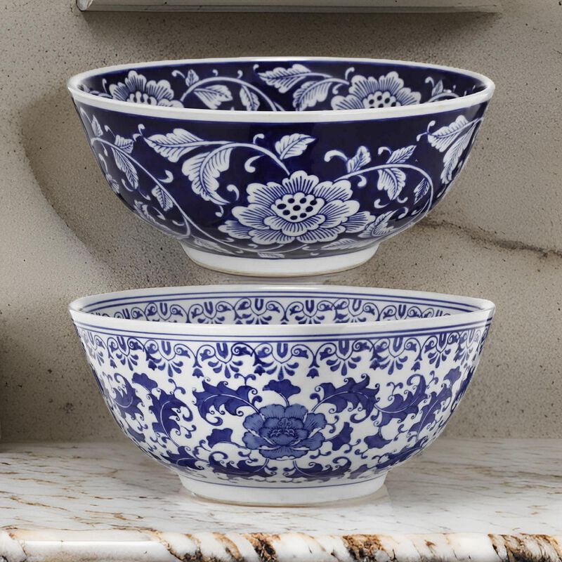 Round Ceramic Bowl with Floral Print, Set of 2, Blue And White, - Benzara