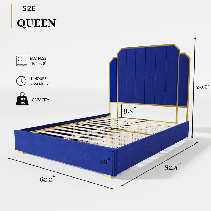 MONDAWE Queen Size Modern Platform Bed Frame and 59.06" Headboard, Upholstered Bed with Golden Plating Trim