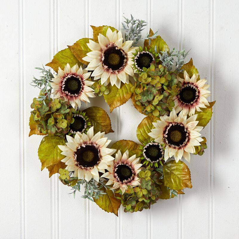 Hivvago 24" White Sunflower and Hydrangea Artificial Autumn Wreath