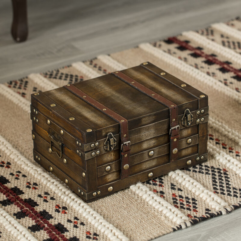 Wooden Brown Storage Trunk with Faux Leather Straps and Handles, Small