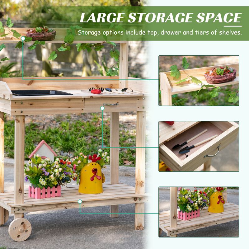 Mobile Garden Station: Natural Wood Potting Bench with Wheels and Sink