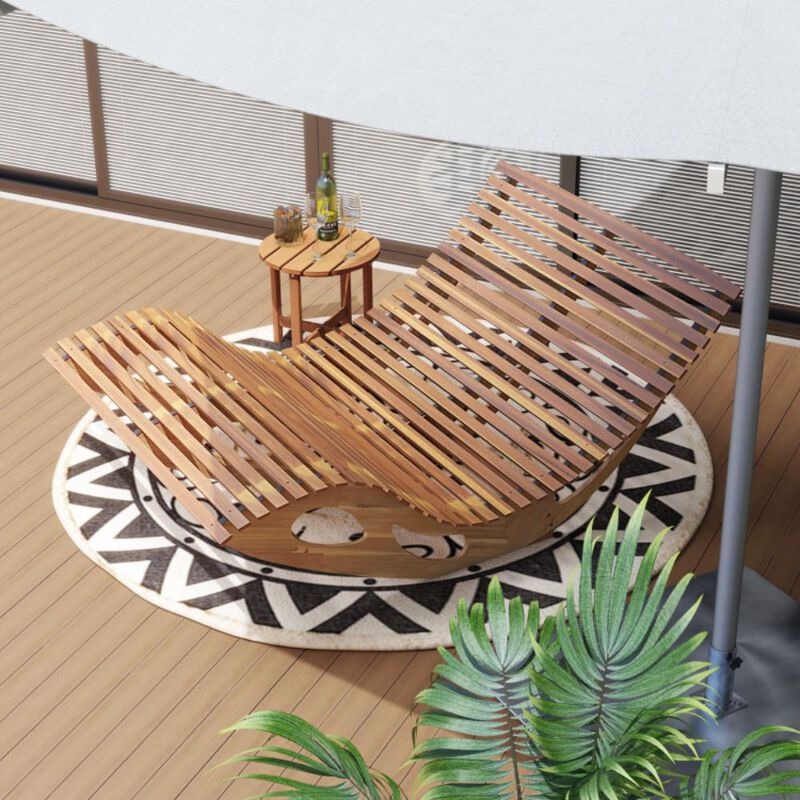 Hivvago Slatted Acacia 2-Seat Patio Dual Rocker Sunbed Wood Lounger with Ergonomic Curved Seat