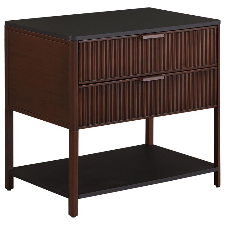 Zemy Side End Table, 2 Drawers, Open Shelf, Black Metal, Rust Brown - Benzara
