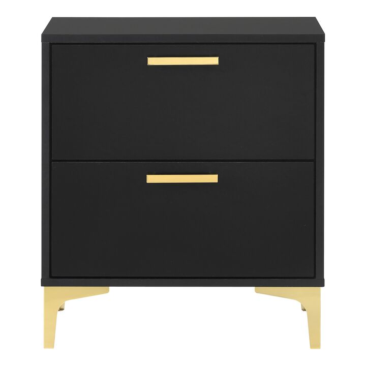 Lif 25 Inch Modern 2 Drawer Nightstand, Gold Metal Accents, Jet Black -Benzara