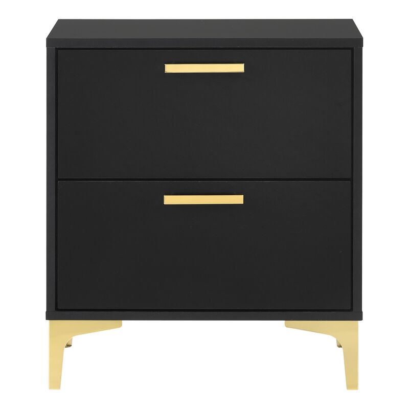 Lif 25 Inch Modern 2 Drawer Nightstand, Gold Metal Accents, Jet Black -Benzara