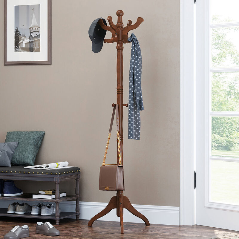 Coat Rack Free Standing with 11 Hooks, Wooden Hall Tree Coat Hat Tree