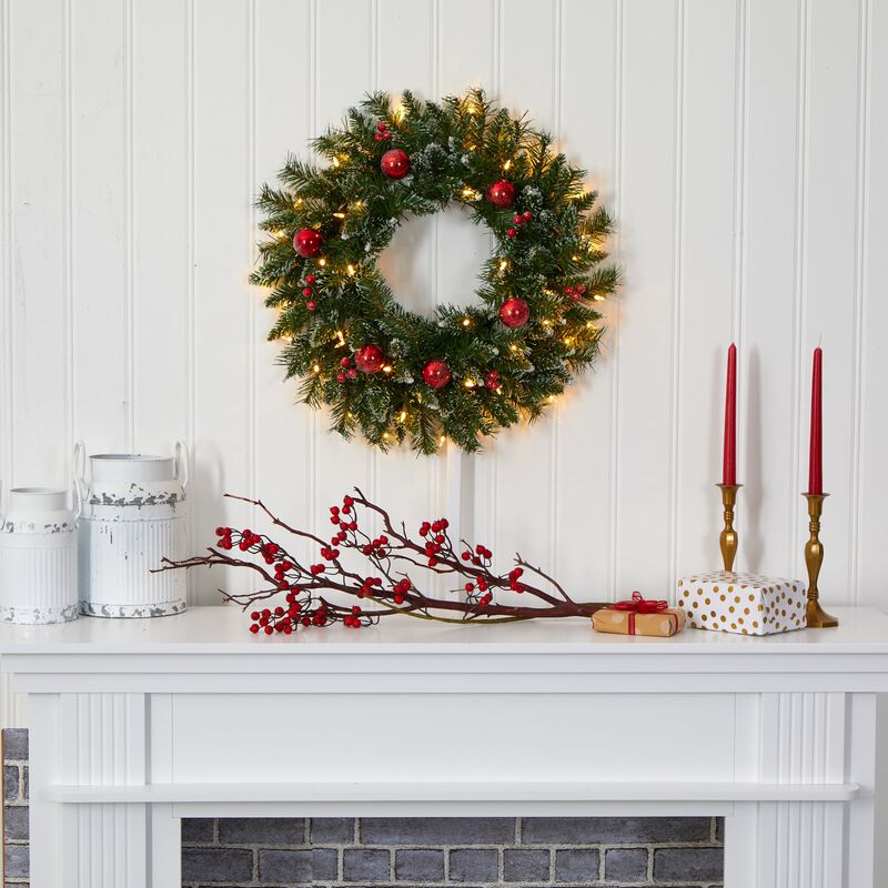 Hivvago 24" Frosted Artificial Christmas Wreath with 50 Warm White LED Lights, Ornaments and Berries
