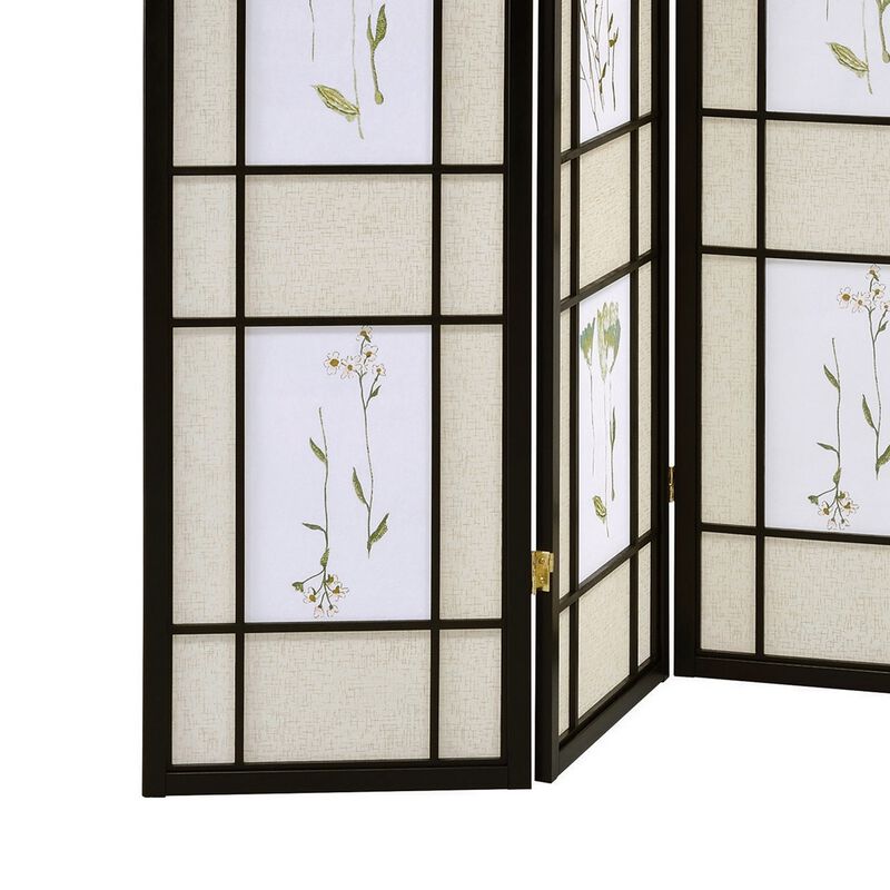 4 Panel Screen with Floral Print Detailing and Wooden Frame, Black-Benzara