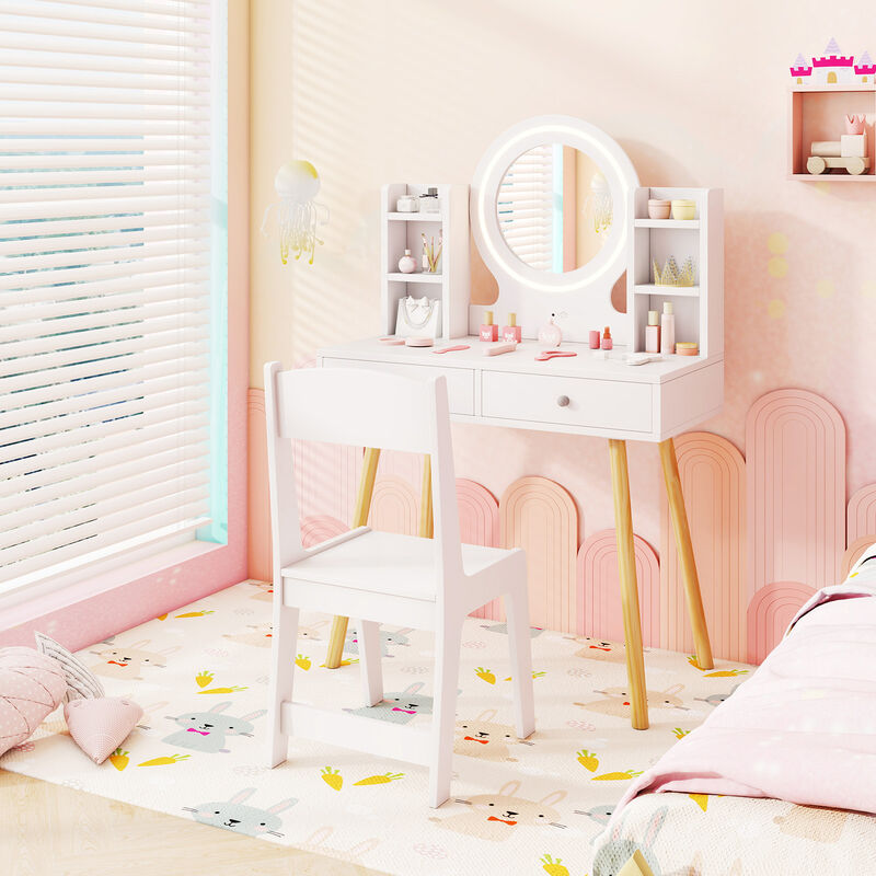 Kids Vanity Set with Lighted Mirror and Storage Drawers