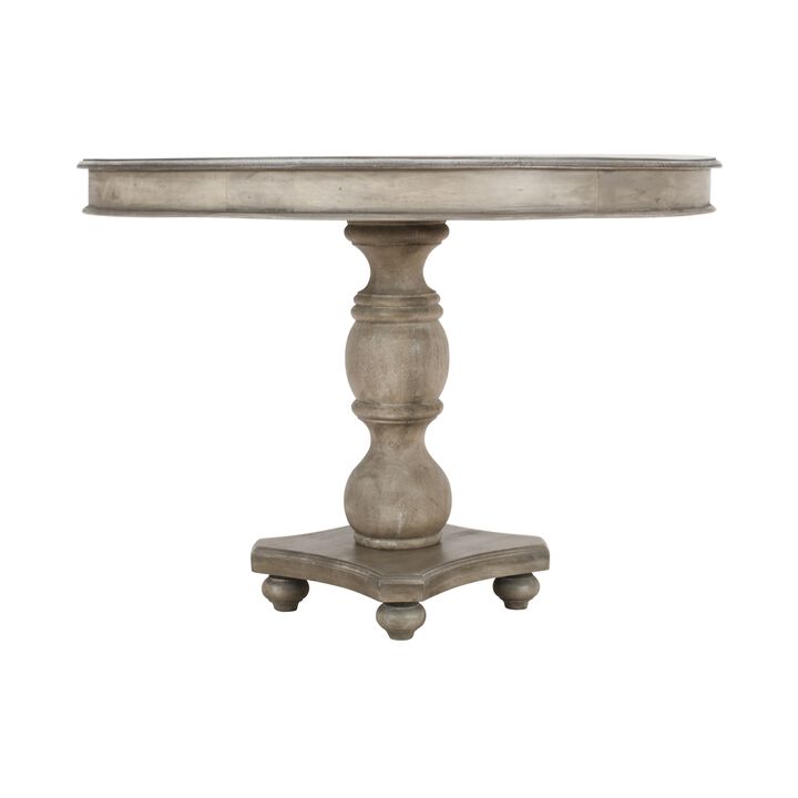 42 Inch Handcrafted Mango Wood Dining Table, Pedestal Base, Round Molded Top, Washed White, Gray-Benzara