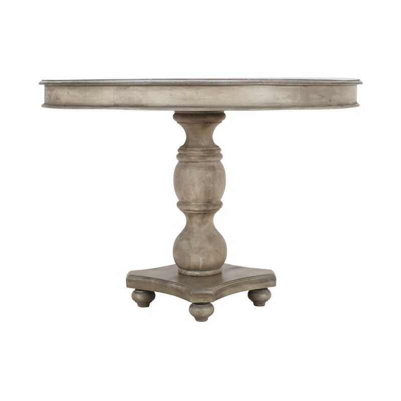 42 Inch Handcrafted Mango Wood Dining Table, Pedestal Base, Round Molded Top, Washed White, Gray-Benzara