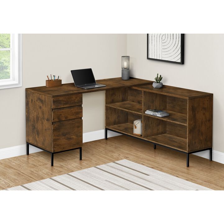 Computer Desk, Home Office, Corner, Storage Drawers, 60"L, L Shape, Work, Laptop, Metal, Laminate, Brown, Black, Contemporary, Modern