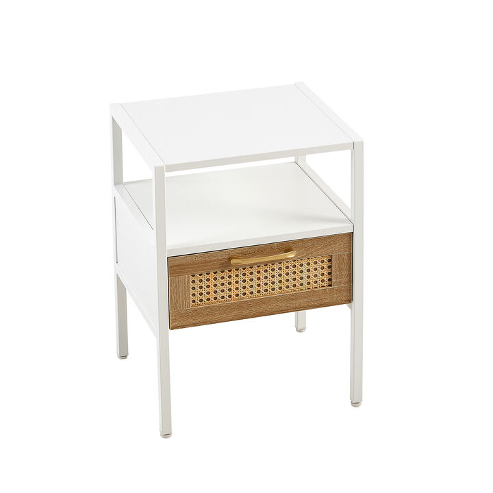 Streamdale Modern White Rattan End Table with Drawer and Metal Legs