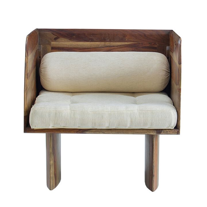 30 Inch Accent Chair, Panel-Style Legs, Tufted, Brown Wood, Beige Cotton - Benzara