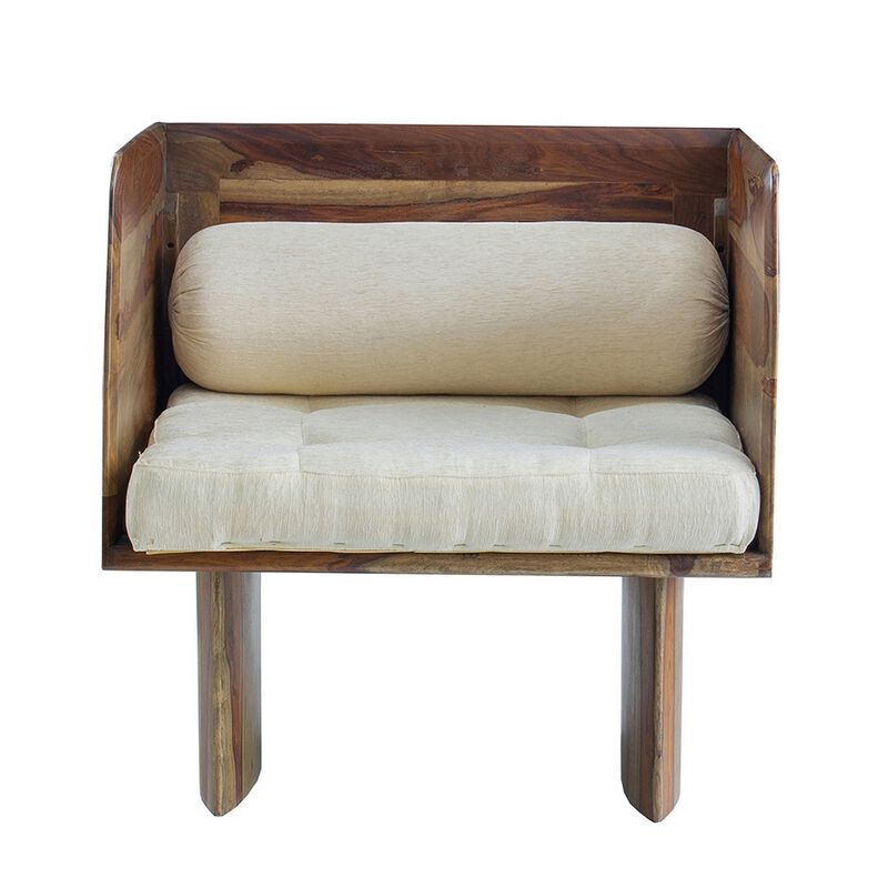 30 Inch Accent Chair, Panel-Style Legs, Tufted, Brown Wood, Beige Cotton - Benzara