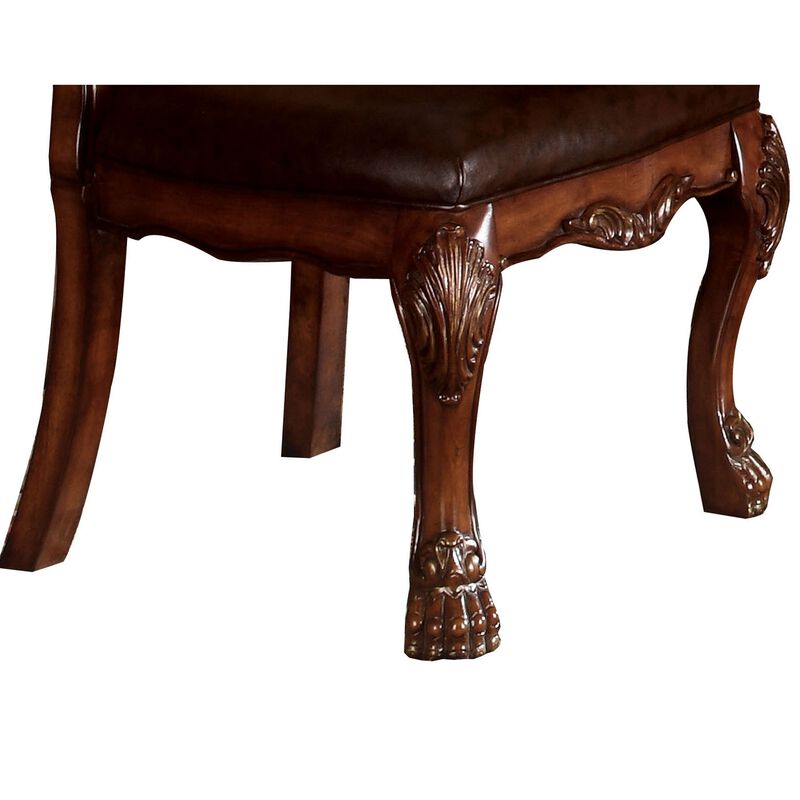Wooden Side Chair with Claw Legs and Leatherette Seat, Brown, Set of Two-Benzara