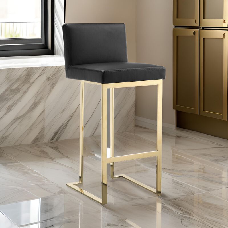 Boly 30 Inch Barstool Chair, Cushioned Black Faux Leather, Gold Cantilever - Benzara