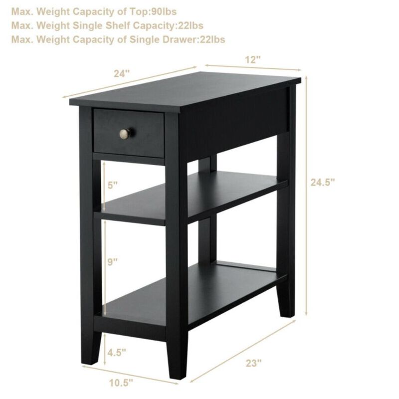 Hivvago 3-Tier Nightstand Bedside Table Sofa Side with Double Shelves Drawer