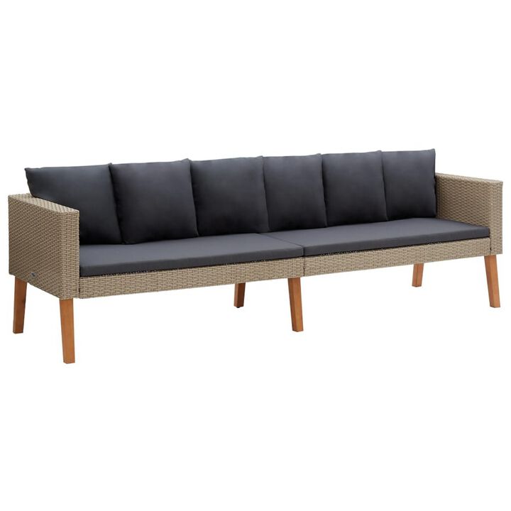 Outdoor 3 Seater Patio Sofa, 86 Inch Beige Poly Rattan, Gray Cushions - Benzara