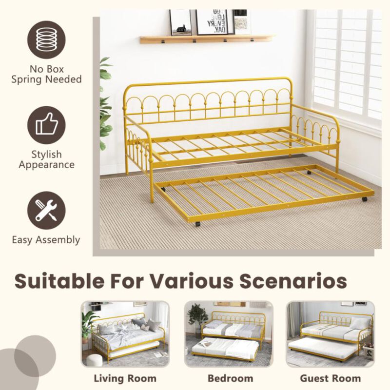 Hivvago Twin Size Golden Metal Daybed with Trundle and Lockable Wheels