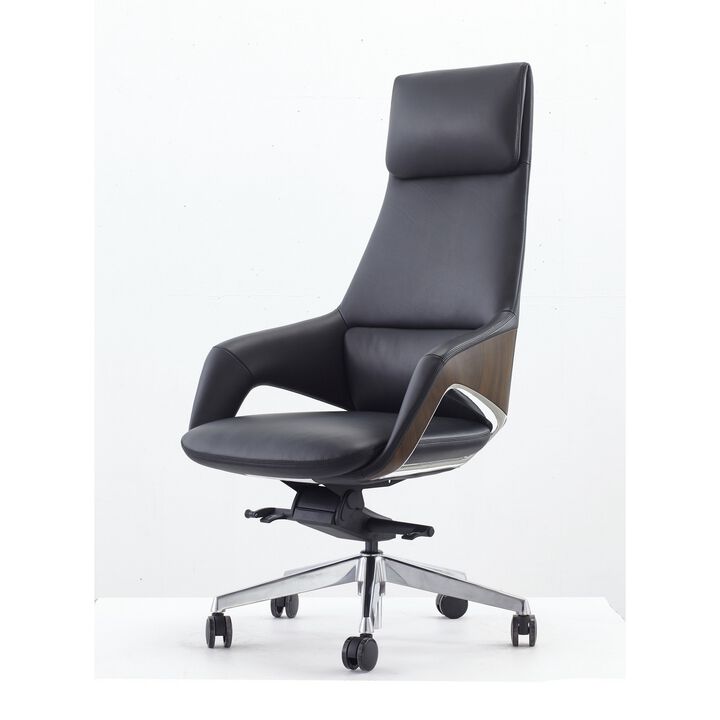 Akon Office Recliner Chair, Adjustable Height,Swivel, Lux Black Leather - Benzara