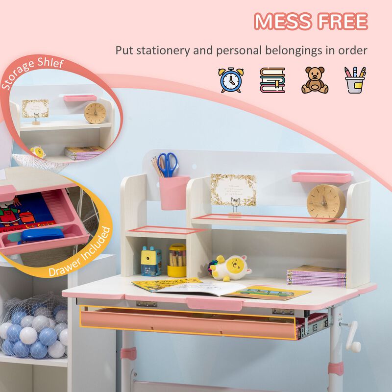 Pink Kids' Desk: Height Adjustable Study Table with Tilt Top