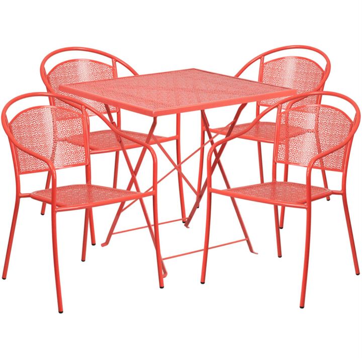 Flash Furniture Oia Commercial Grade 28" Square Coral Indoor-Outdoor Steel Folding Patio Table Set with 4 Round Back Chairs