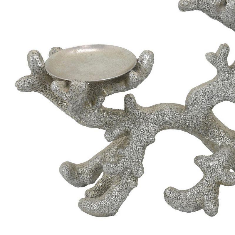 Coral Decor with 3 Round Candle Holders, Natural Silver Resin, 21 Inch - Benzara