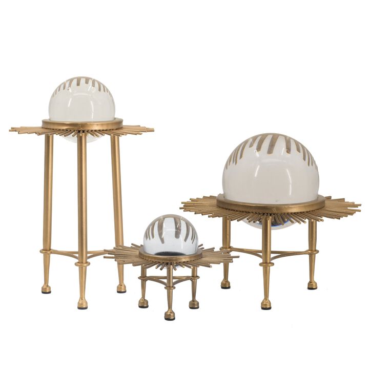 12, 9, 8 Inch Set of 3 Crystal Balls, Decorative Accent, Gold - Benzara