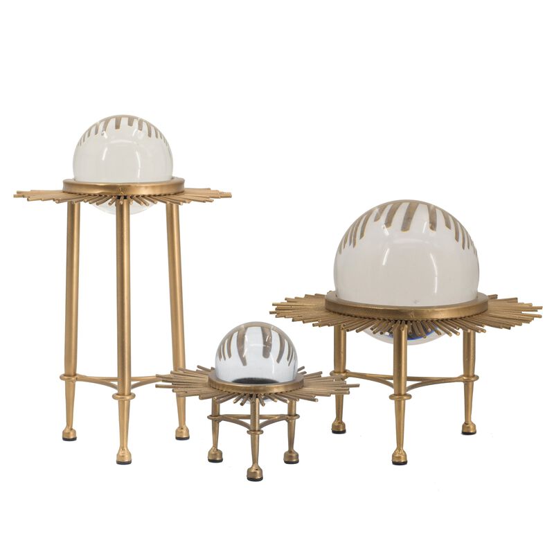 12, 9, 8 Inch Set of 3 Crystal Balls, Decorative Accent, Gold - Benzara