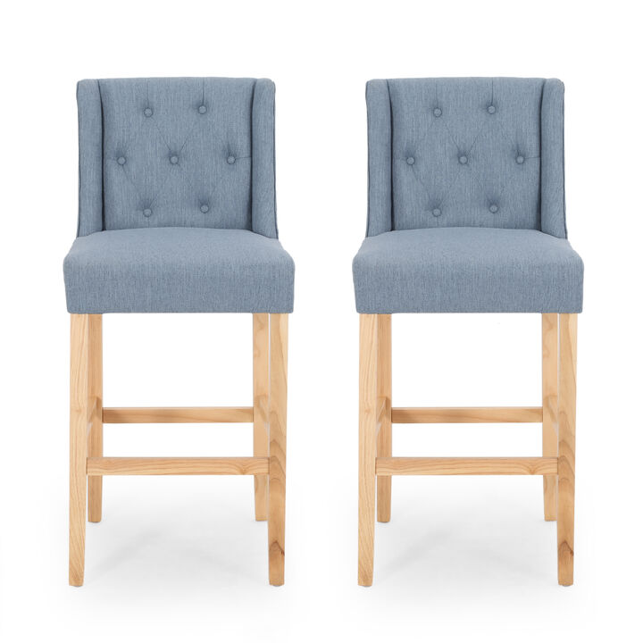 Seliva Barstool Chair Set of 2, Navy Blue Fabric, Tufted Back, Black Wood - Benzara