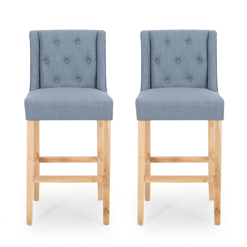 Seliva Barstool Chair Set of 2, Navy Blue Fabric, Tufted Back, Black Wood - Benzara