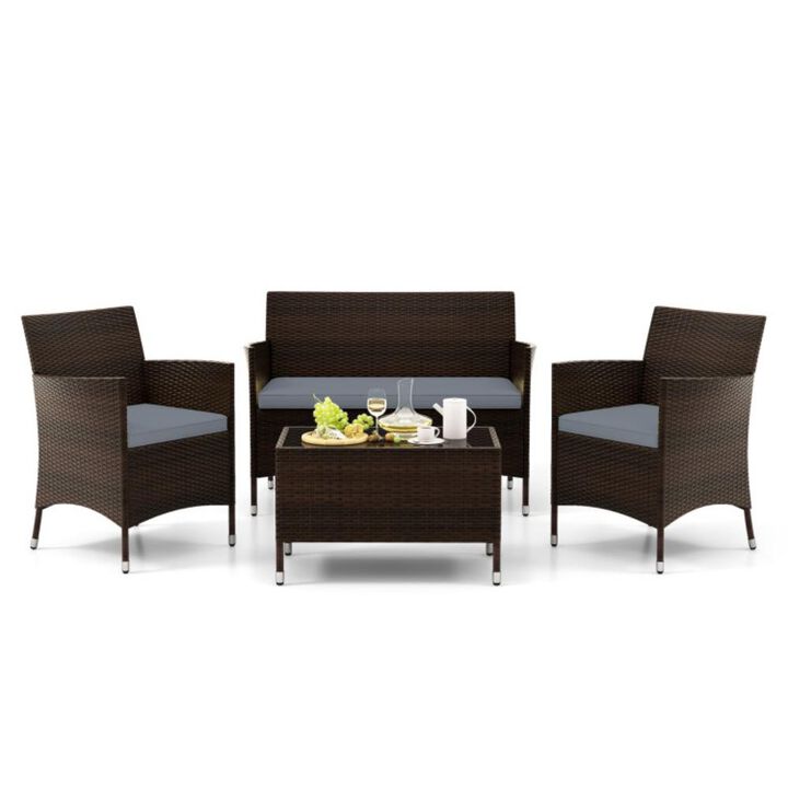 Hivvago 4 Pieces Comfortable Mix Brown Outdoor Rattan Sofa Set with Glass Coffee Table
