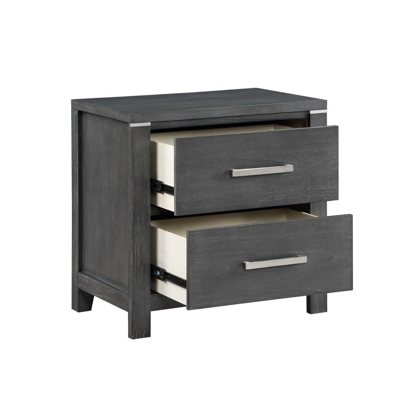 Benjara Tal 27 Inch Nightstand, 2 Drawers Handles, Charcoal Finish, Gray, Chrome