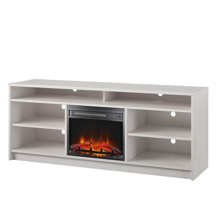 REALROOMS Hickory Hill 65" TV Stand with Electric Fireplace Space Heater and 6 Shelves