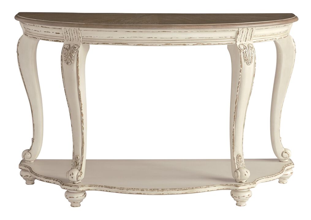 Crescent Moon Wooden Sofa Table with Engraved Details, Brown and White-Benzara