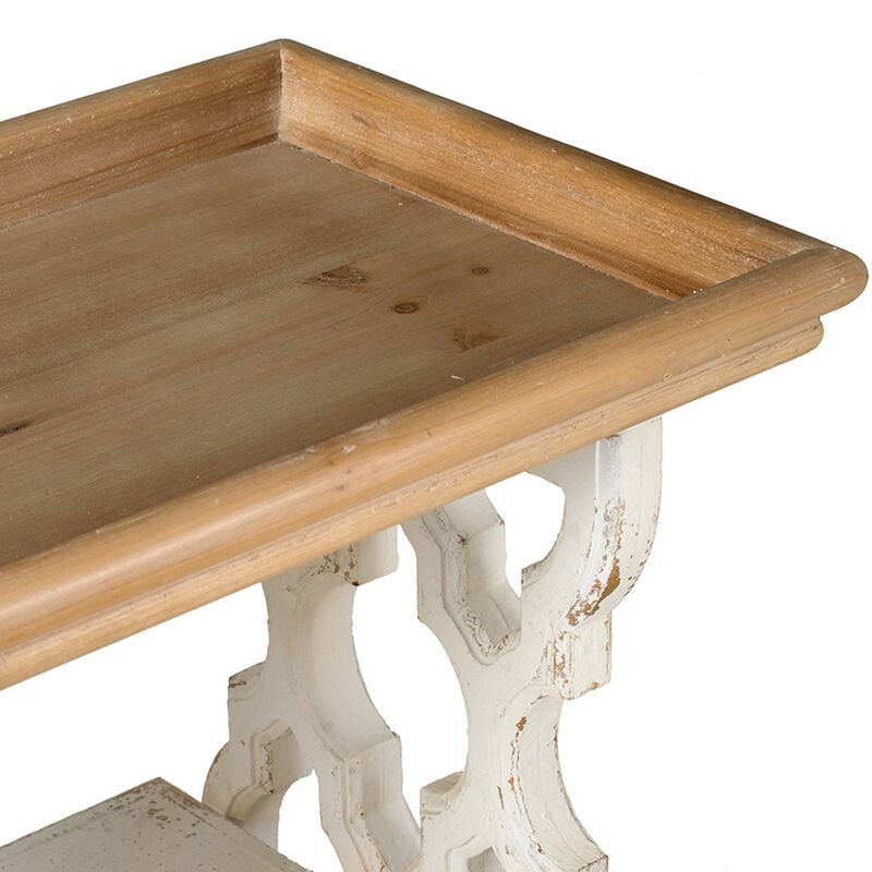 35 Inch 3 Tier Console Table, Fir Wood, Carved Panels, Brown and White - Benzara